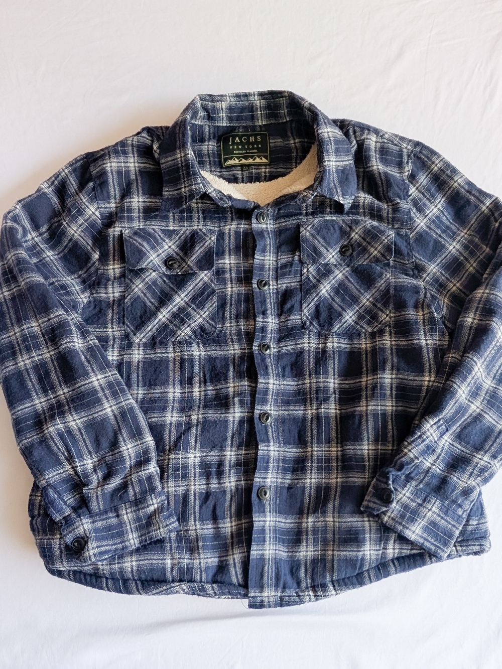 Jachs Jacket Mens XL Blue And Wh Plaid Sherpa Lined Wool Blend Flannel  Shacket